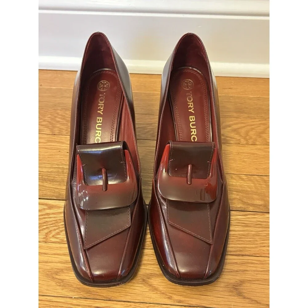 Tory Burch Burgundy Buckle Loafers Curved Block Heels Wild Berry Leather 10 - Picture 2 of 16